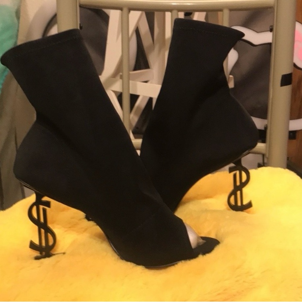 Black Open Toe Sock Boots with Dollar Sign Heels - Picture 2 of 8